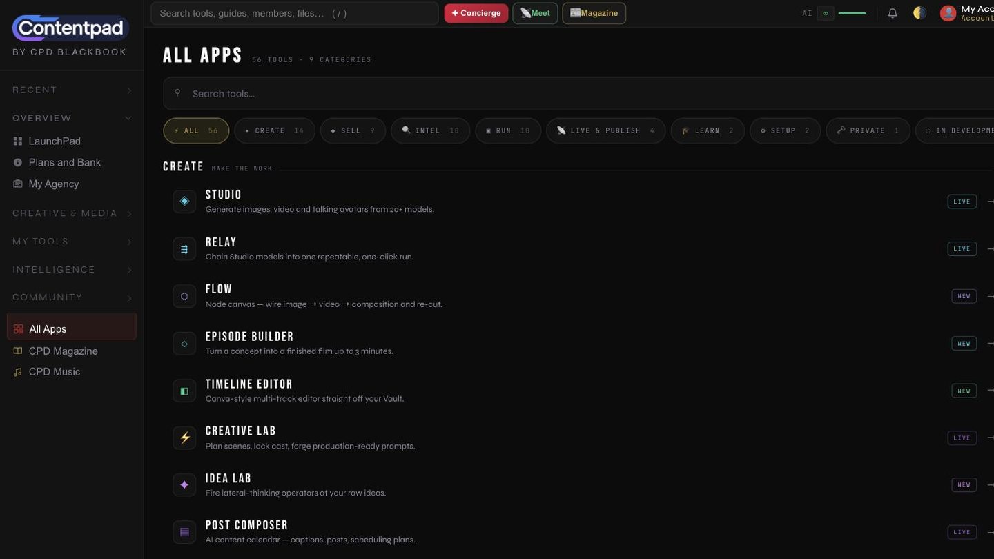The All Apps registry: 56 tools across 9 categories, each with a status badge